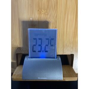 Brookstone Digital Desktop Clock Calendar Thermometer Blue Backlight Silver